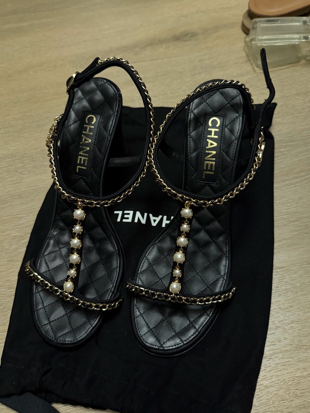 CHANEL Black Quilted Pearl-Trim T-Strap Slingback Heels